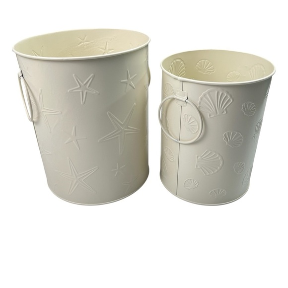 Set of two Nesting Metal Tim Canisters Beach Shell Starfish design Cream Ivory - Picture 1 of 6